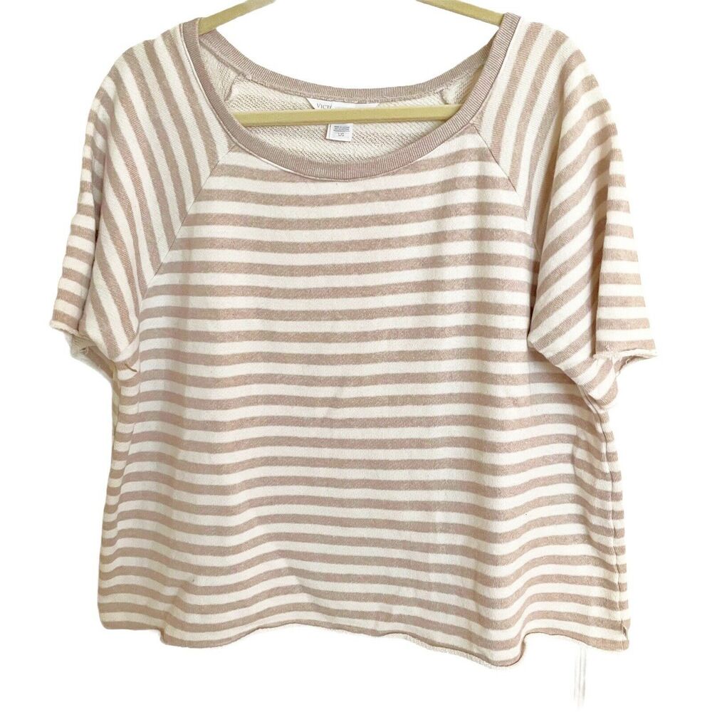 Victoria's Secret Sz L Women Striped Frayed Edge Short Sleeve Loose Sweatshirt